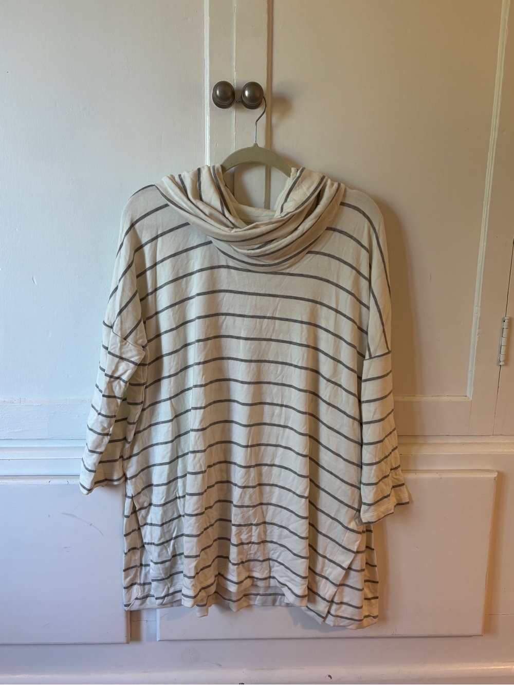 Lou & Grey - Women's Striped Scarf-necked Pullover Top Cream with Gray Stripes